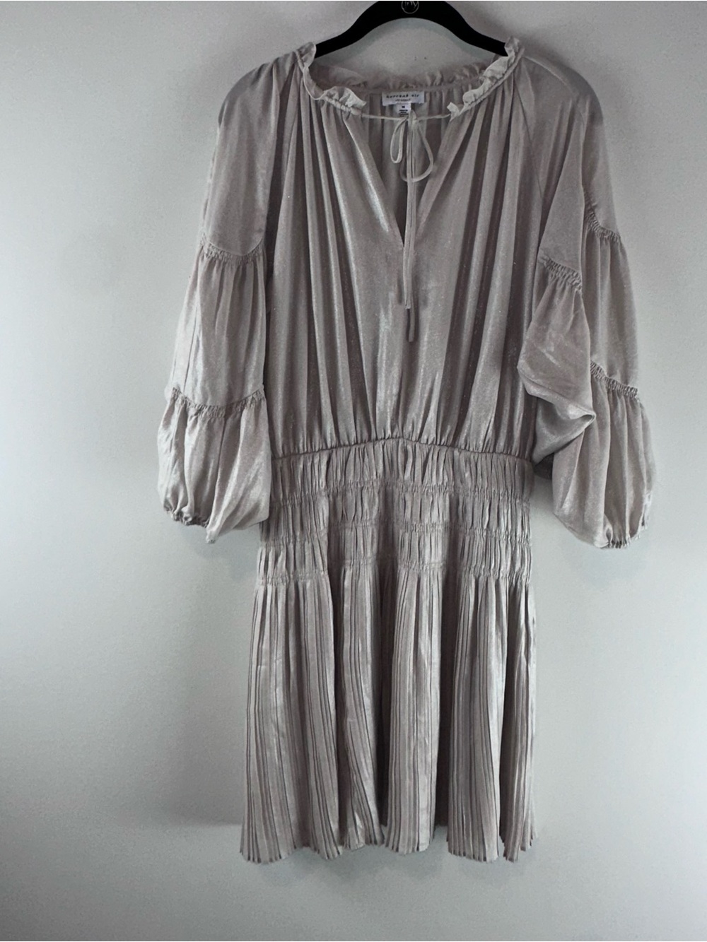 Anthropologie Current Air Balloon Sleeve Pleated Silver Shimmer Dress Size M